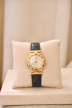 Vintage Seiko Lassale Ladies Watch, Gold Plated 1980s Ultra Thin Dress Watch Roman Numeral Bezel, Green Leather Strap