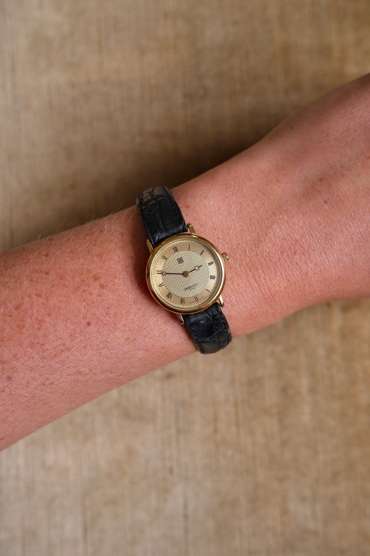 Vintage Ladies Givenchy Paris Gold Dress Watch, Black Crocodile Leather Strap, Roman Numeral Dial, Classic Luxury Wristwatch