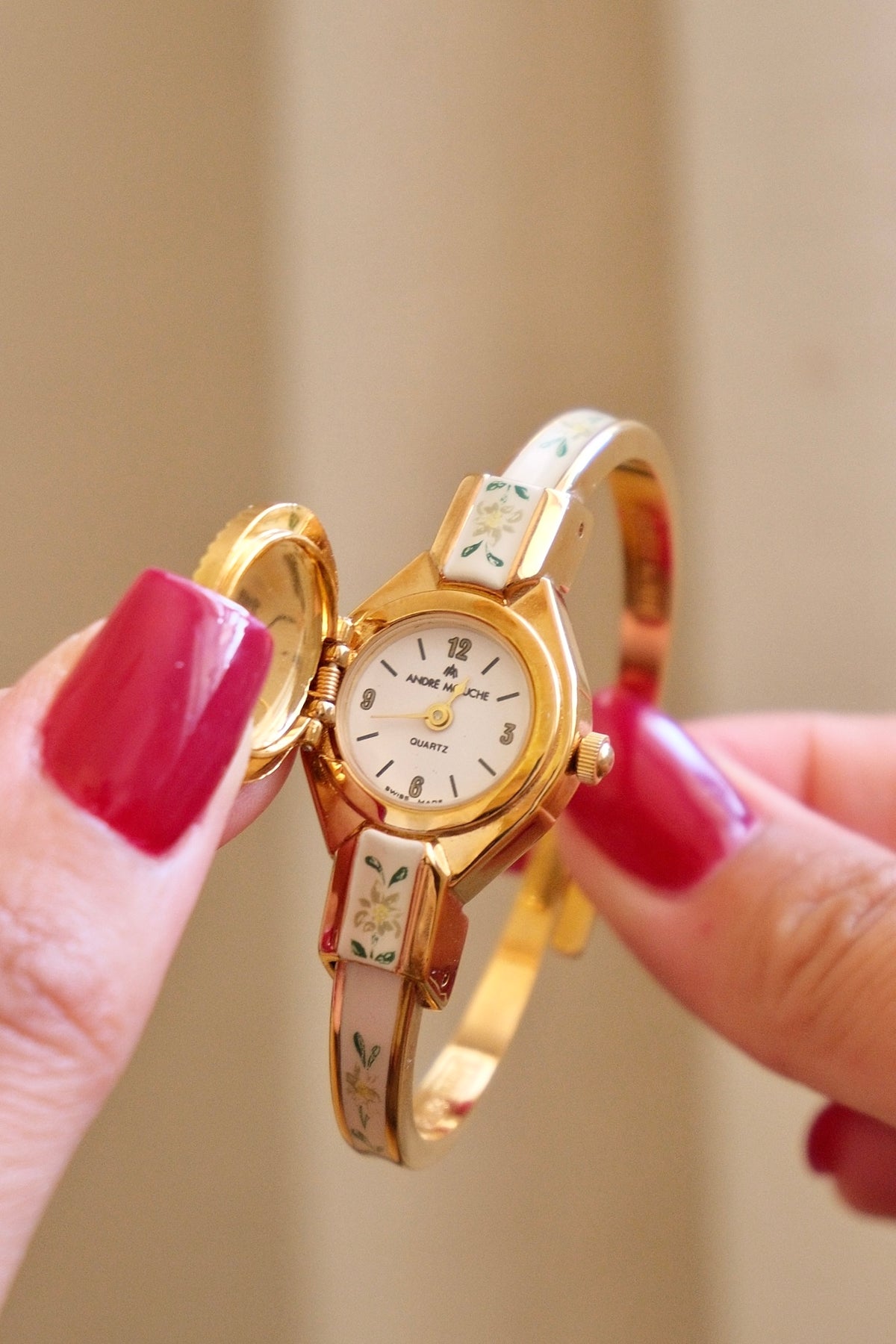 Vintage André Mouche Swiss Peek-a-Boo Cocktail Watch Enamel Bangle, Quartz