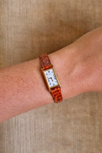 Rare 90s Slim & Petite Gold Tank Style Seiko Watch Roman Numerals on Leather Strap Working