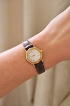 Vintage ladies gold hexagon Citizen face on a brown leather strap watch working