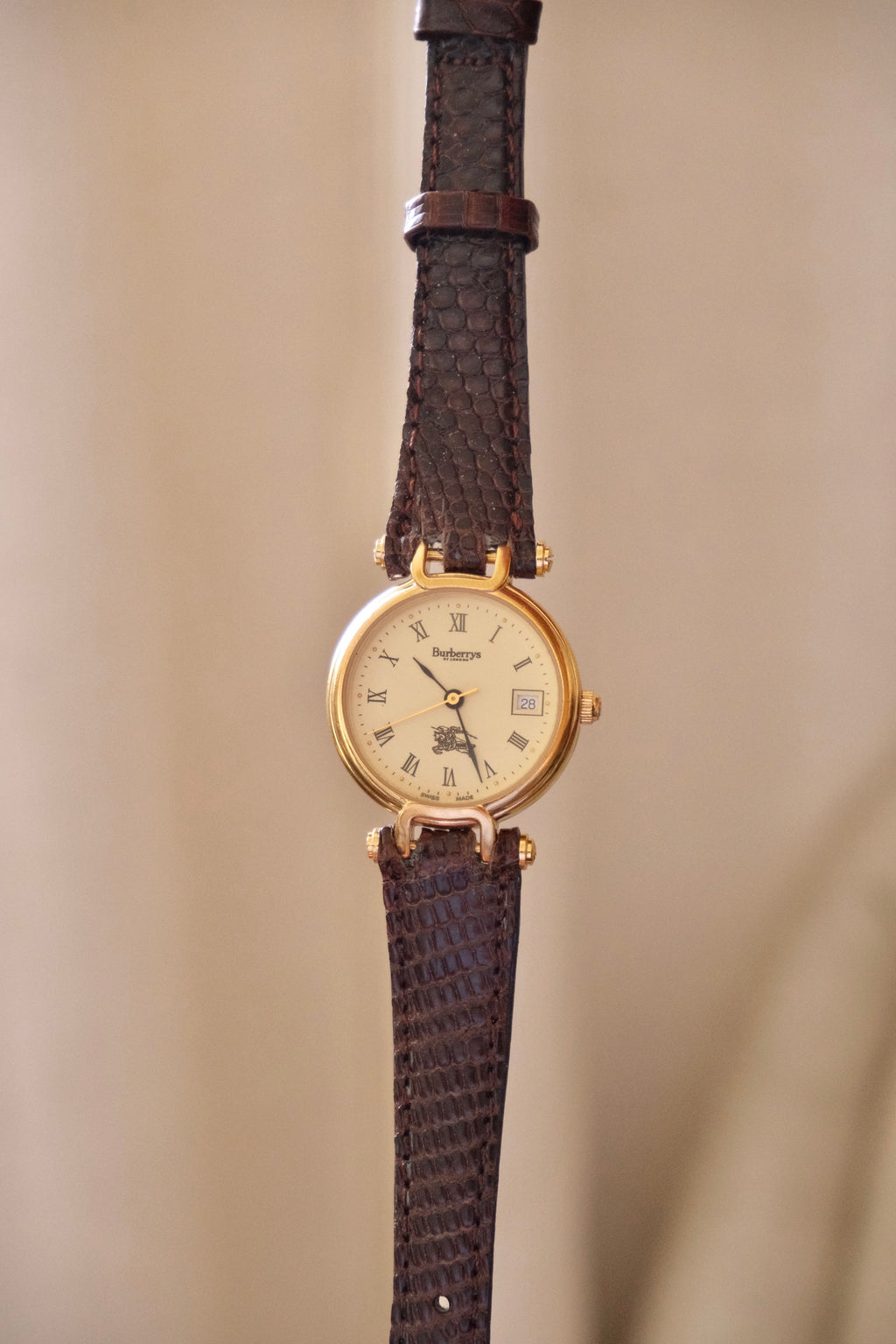 1994 Ladies Burberrys Gold Tone Round Watch with Date Brown Lizard Strap