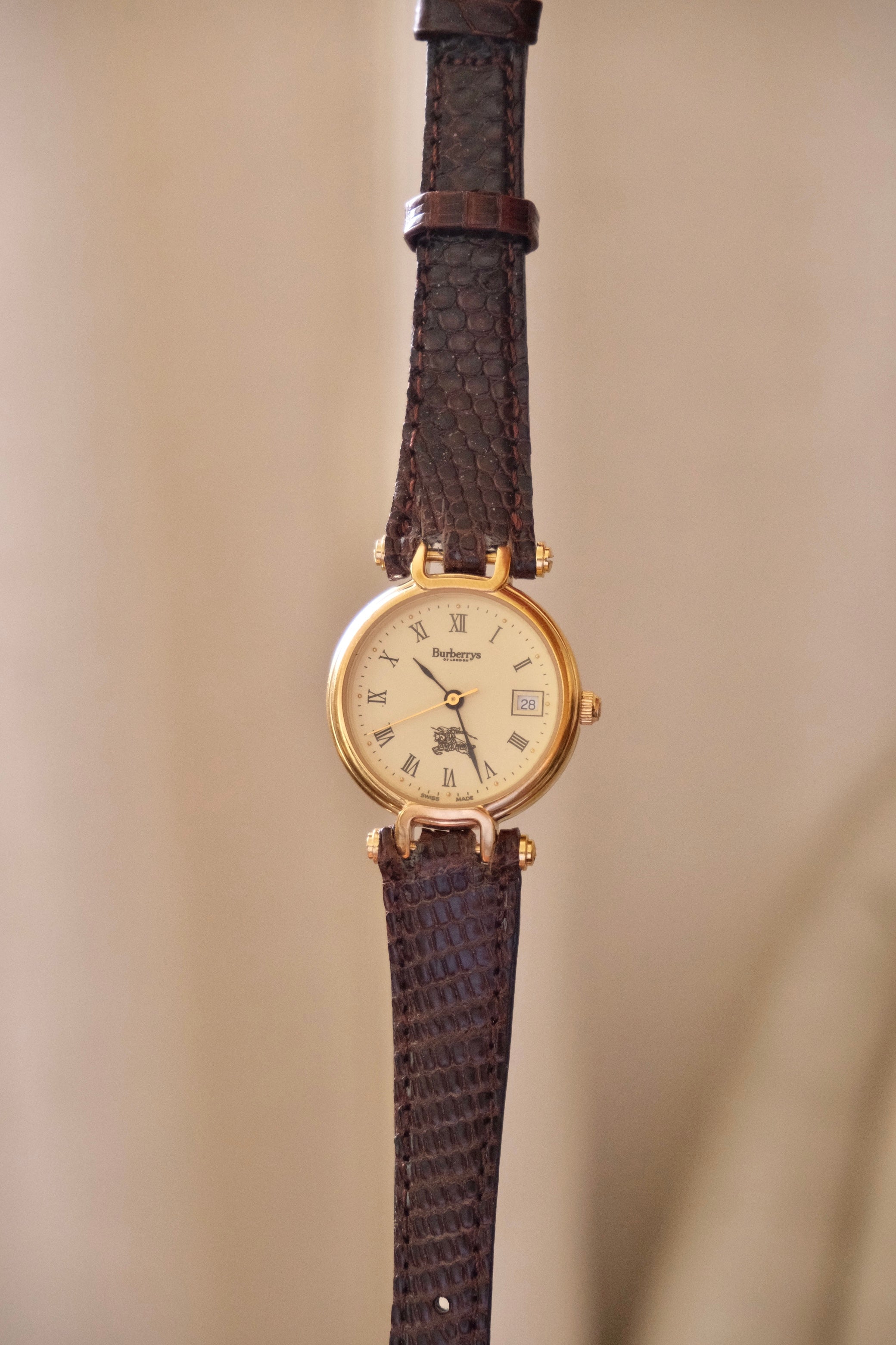 1994 Ladies Burberrys Gold Tone Round Watch with Date Brown Lizard Strap