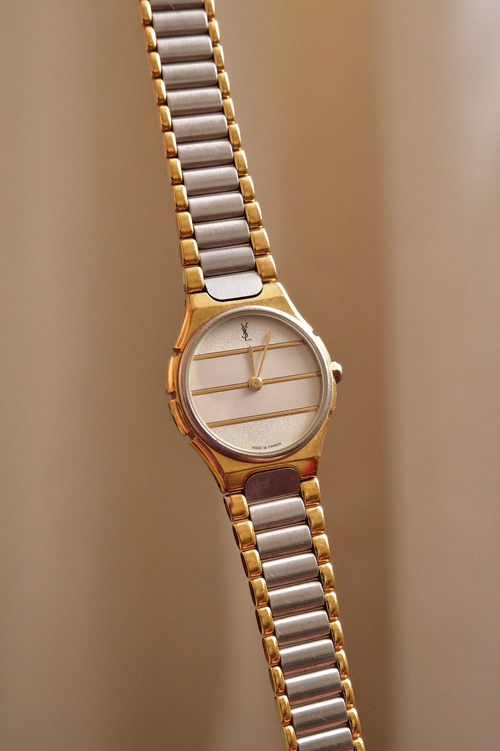 Vintage Ladies 1990s YSL Quartz Two Tone Watch - White & Silver Striped Dial