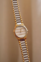 Vintage Ladies 1990s YSL Quartz Two Tone Watch - White & Silver Striped Dial