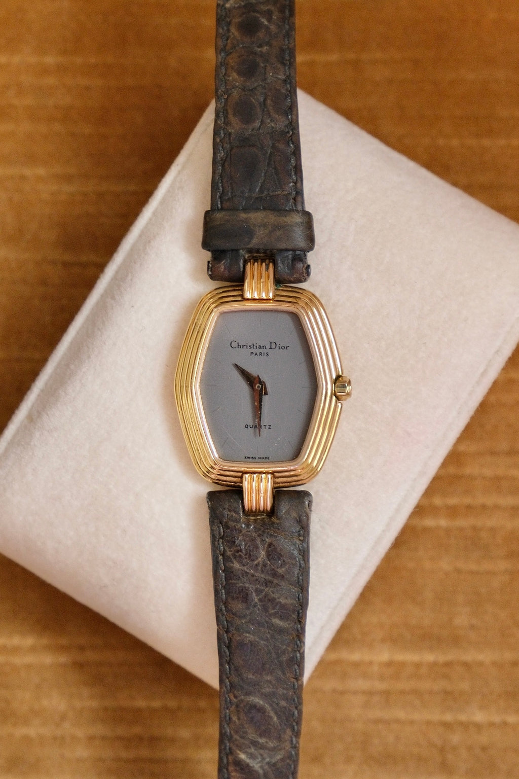 90s Christian Dior Paris Vintage Watch Hexagon Gold Plated Case Grey Dial Swiss Luxury Quartz Wristwatch with Black Leather Strap
