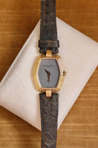 90s Christian Dior Paris Vintage Watch Hexagon Gold Plated Case Grey Dial Swiss Luxury Quartz Wristwatch with Black Leather Strap