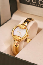 Vintage 1990s Gucci 1400L Gold Plated Ladies Watch with Original Box & Papers – Working Swiss Designer Bangle Watch