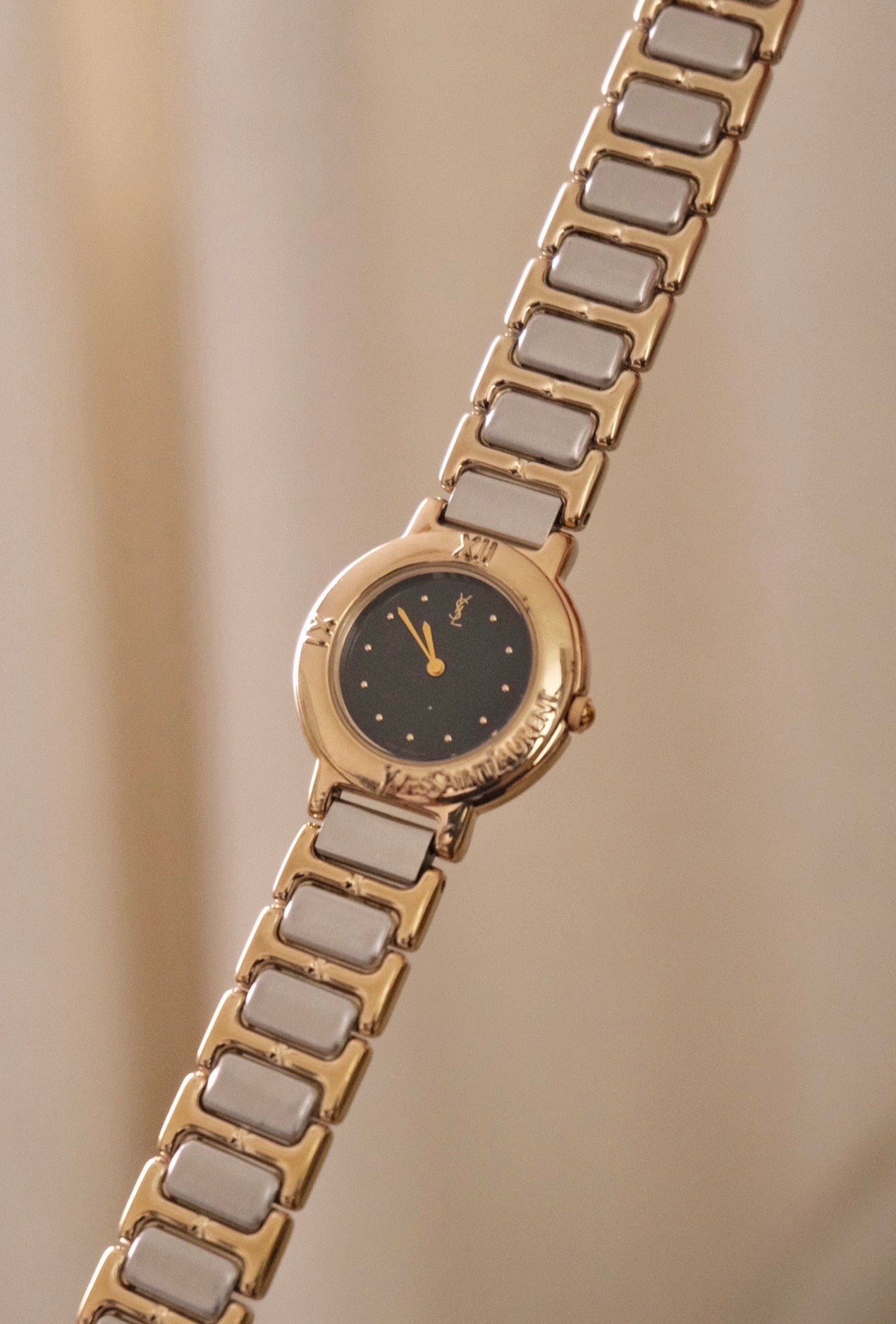 Vintage YSL Ladies Dual Tone Black Dial Watch Working