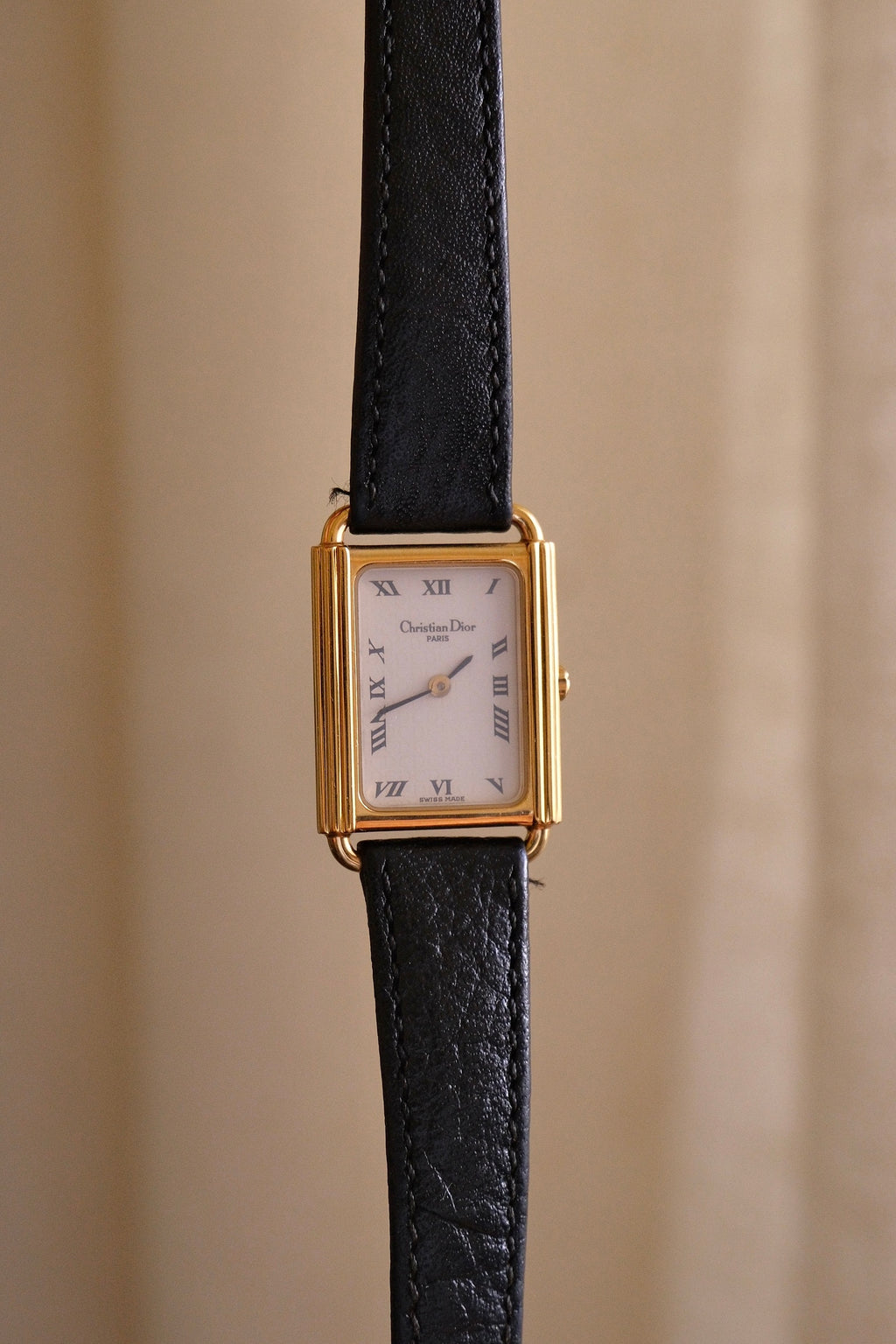 Rare ladies' Christian Dior 90s watch with tank-style rectangular dial, and black leather strap