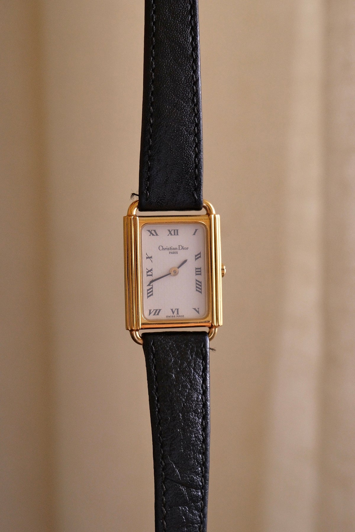 Rare ladies' Christian Dior 90s watch with tank-style rectangular dial, and black leather strap