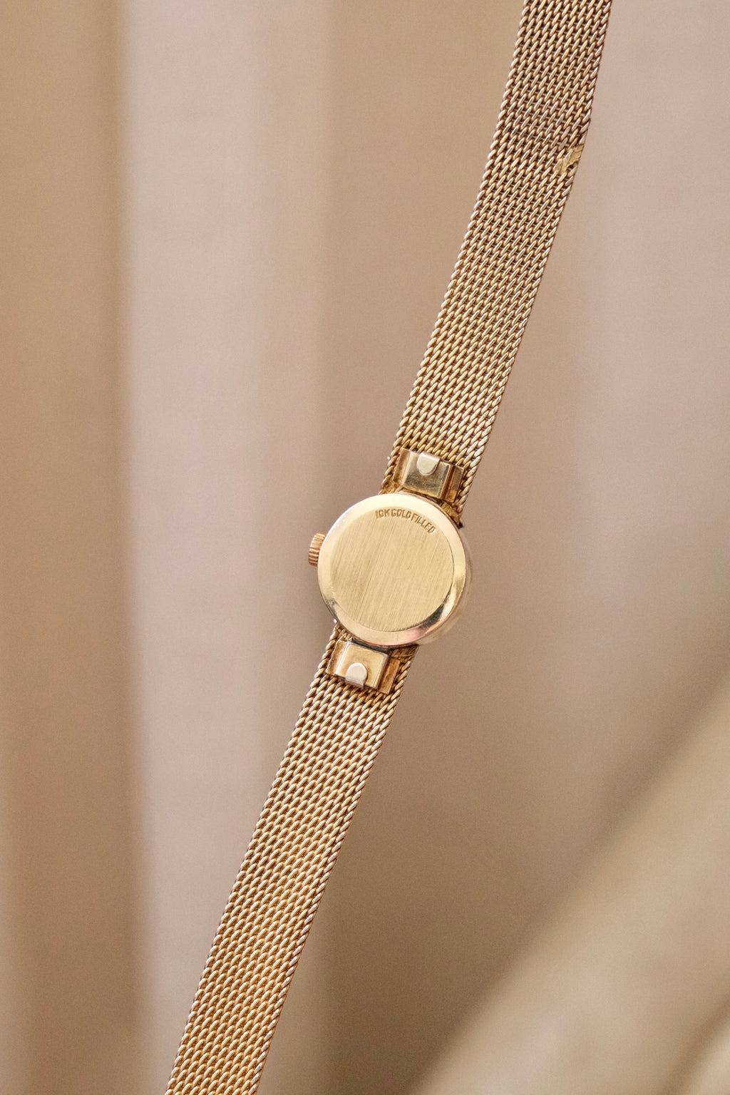 1950s Vintage Omega Ladies Cocktail Watch 10K Gold Filled Mesh Bracelet Diamond Leaf Lugs Champagne Dial Manual Wind Watch