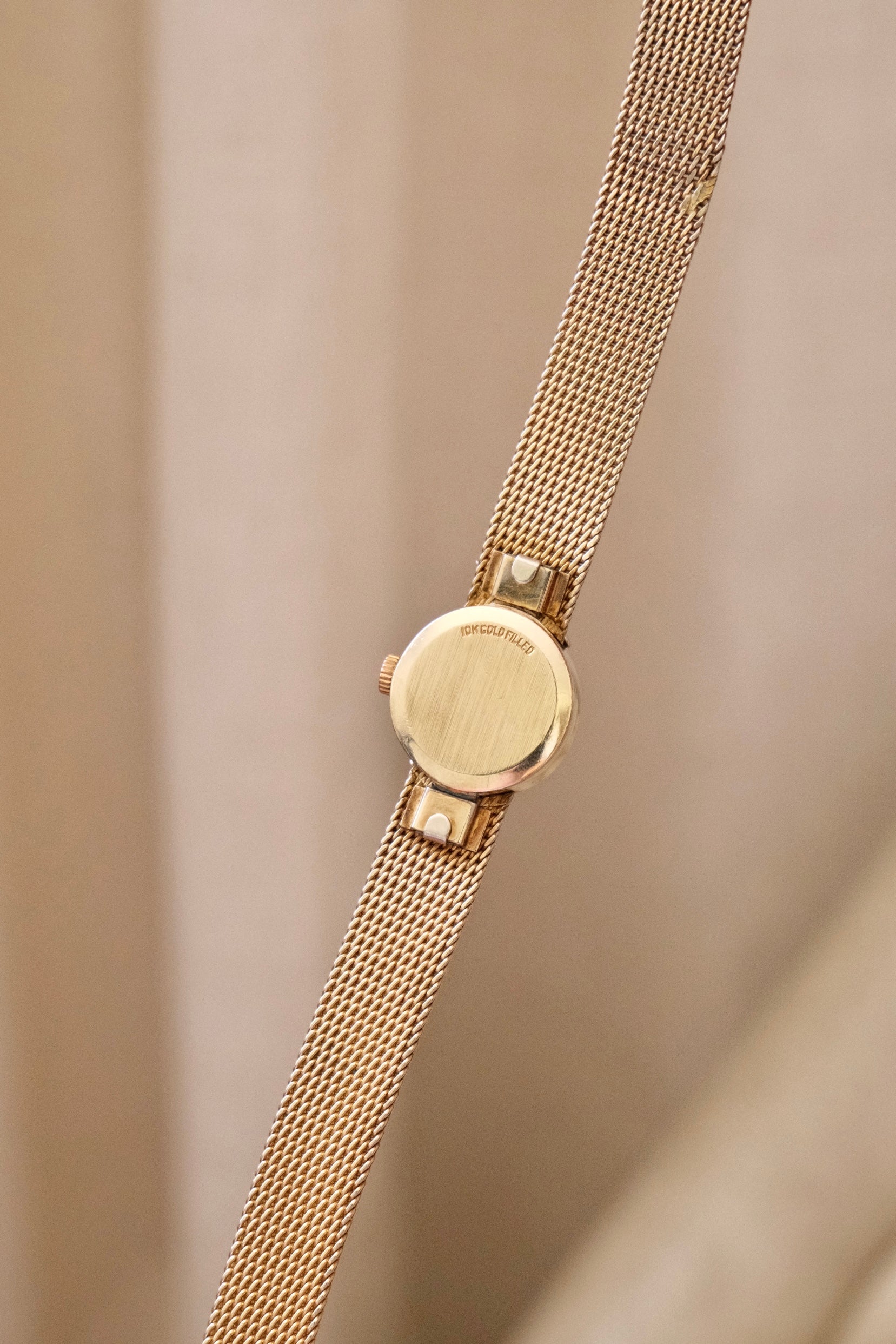 1950s Vintage Omega Ladies Cocktail Watch 10K Gold Filled Mesh Bracelet Diamond Leaf Lugs Champagne Dial Manual Wind Watch