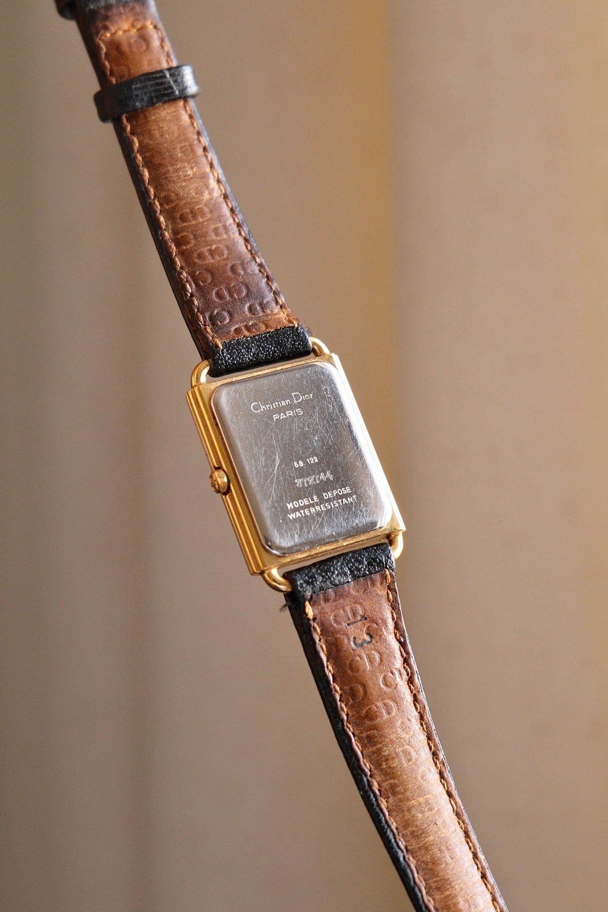 Rare ladies' Christian Dior 90s watch with tank-style rectangular dial, and black leather strap