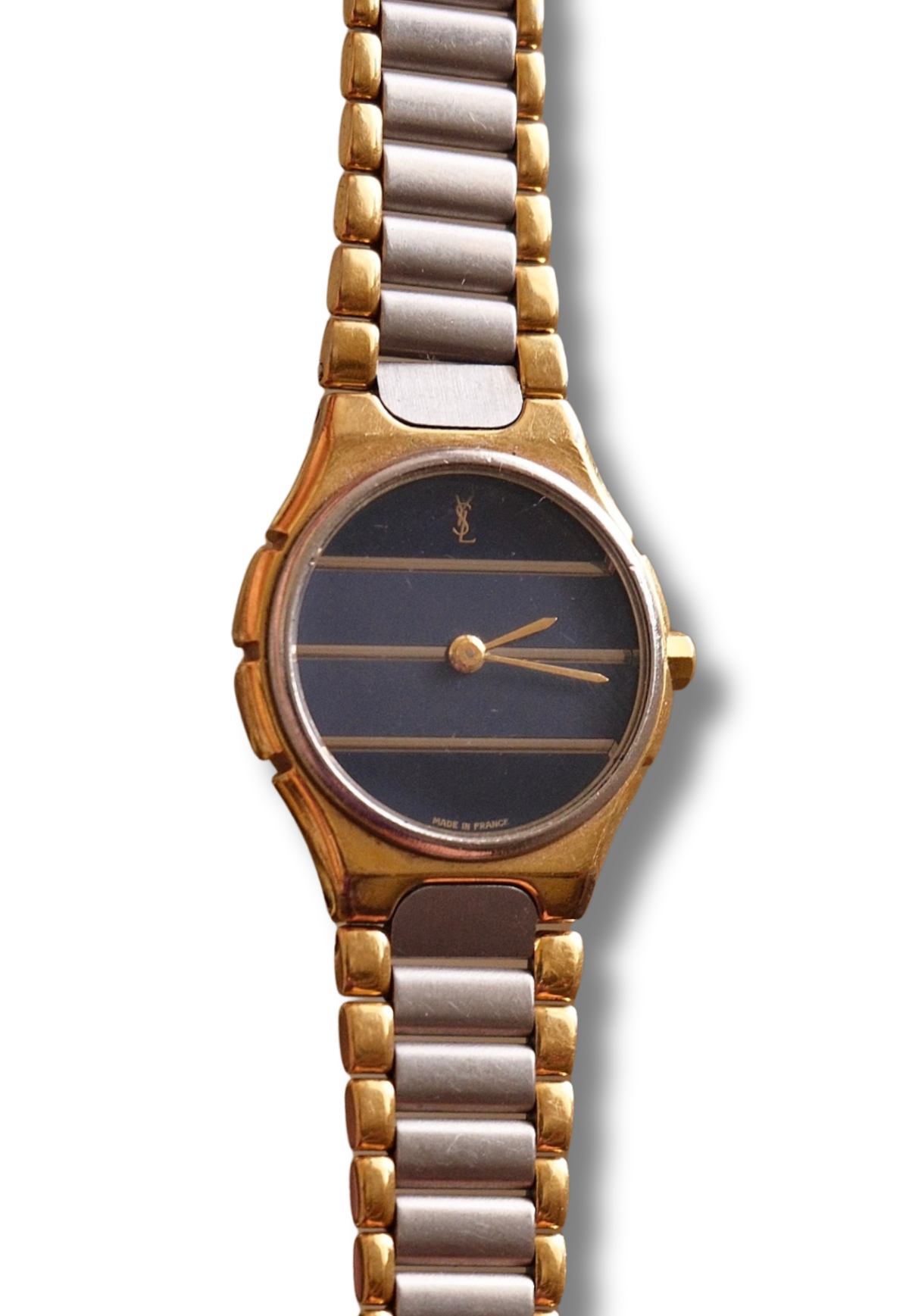 Vintage Ladies 1990s YSL Quartz Two Tone Watch - Blue Striped Dial