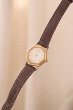 Vintage ladies gold hexagon Citizen face on a brown leather strap watch working