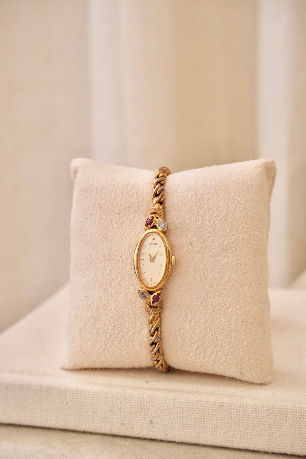 Rare Petite Oval Gold Ruby Seiko Watch with Safety Chain Collectors Watch