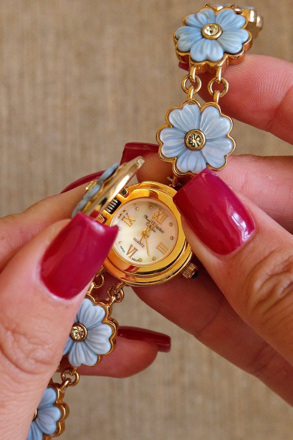 Very Rare Marcel Drucker Flower Peak a Boo Watch Pale Blue Carved Flowers Working