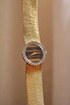 Vintage 1970s Jean Perret Genève Ladies Watch Tiger’s Eye Dial & Diamond Accent Bezel Swiss Gold Mesh Cocktail Watch