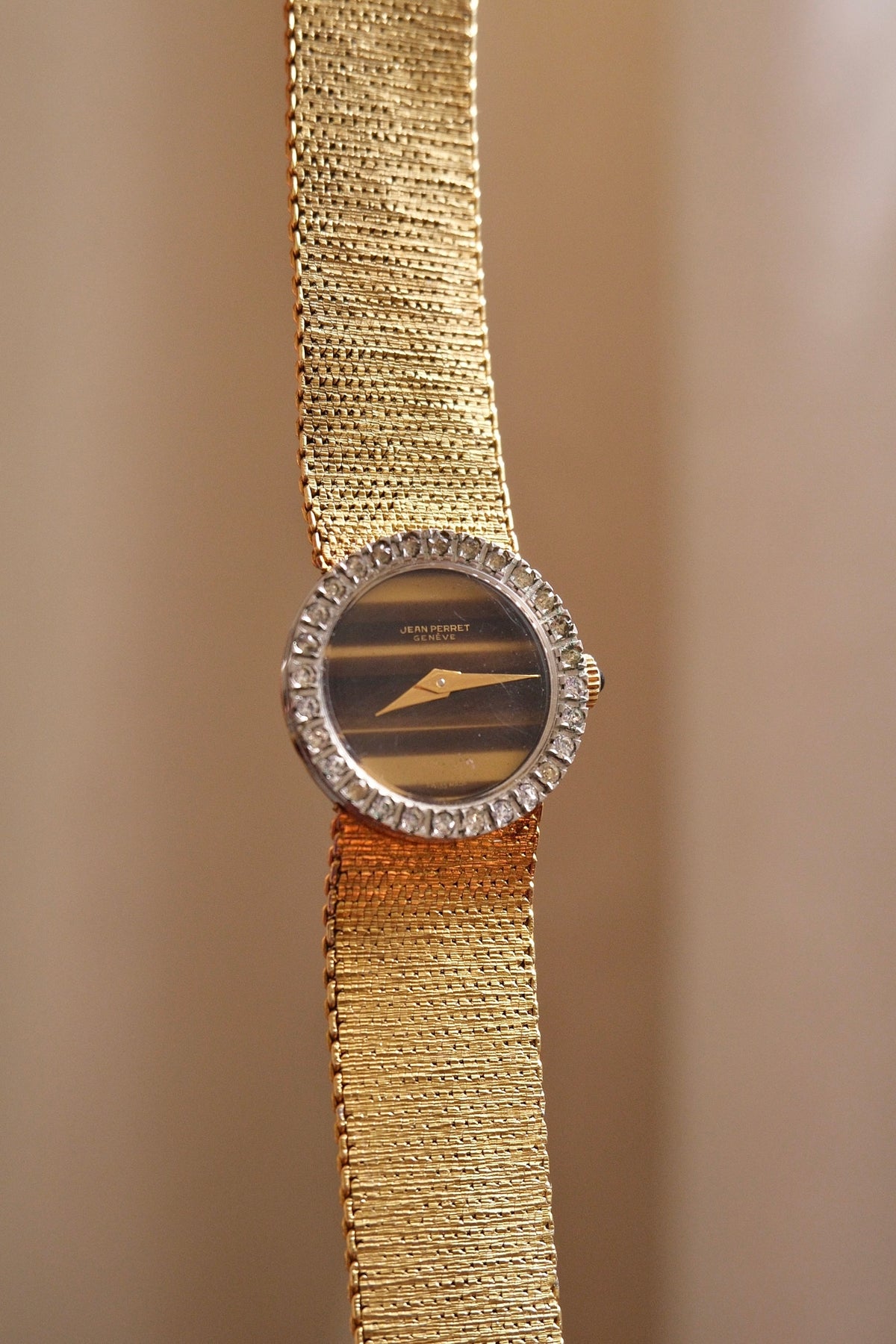 Vintage 1970s Jean Perret Genève Ladies Watch Tiger’s Eye Dial & Diamond Accent Bezel Swiss Gold Mesh Cocktail Watch