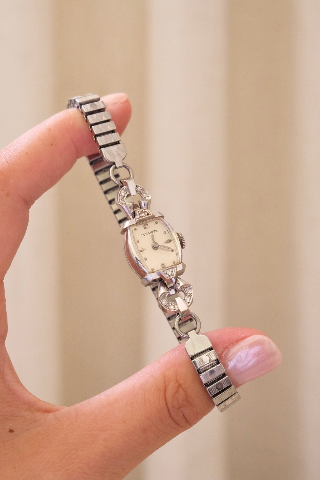 Rare Vintage Longines 14K White Gold Diamond Ladies Watch – Art Deco Style 1950s Swiss 17 Jewel Manual Wind Wristwatch