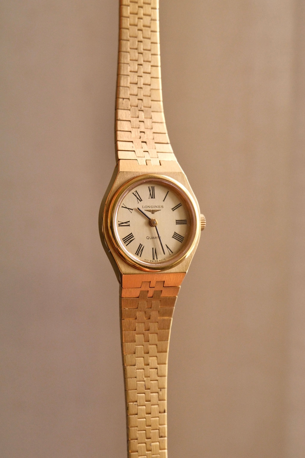 Vintage Ladies Gold Plated Longines Watch, Roman Numeral Champange Dial Box & Papers
