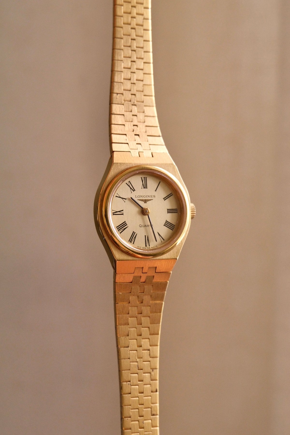 Vintage Ladies Gold Plated Longines Watch, Roman Numeral Champange Dial Box & Papers