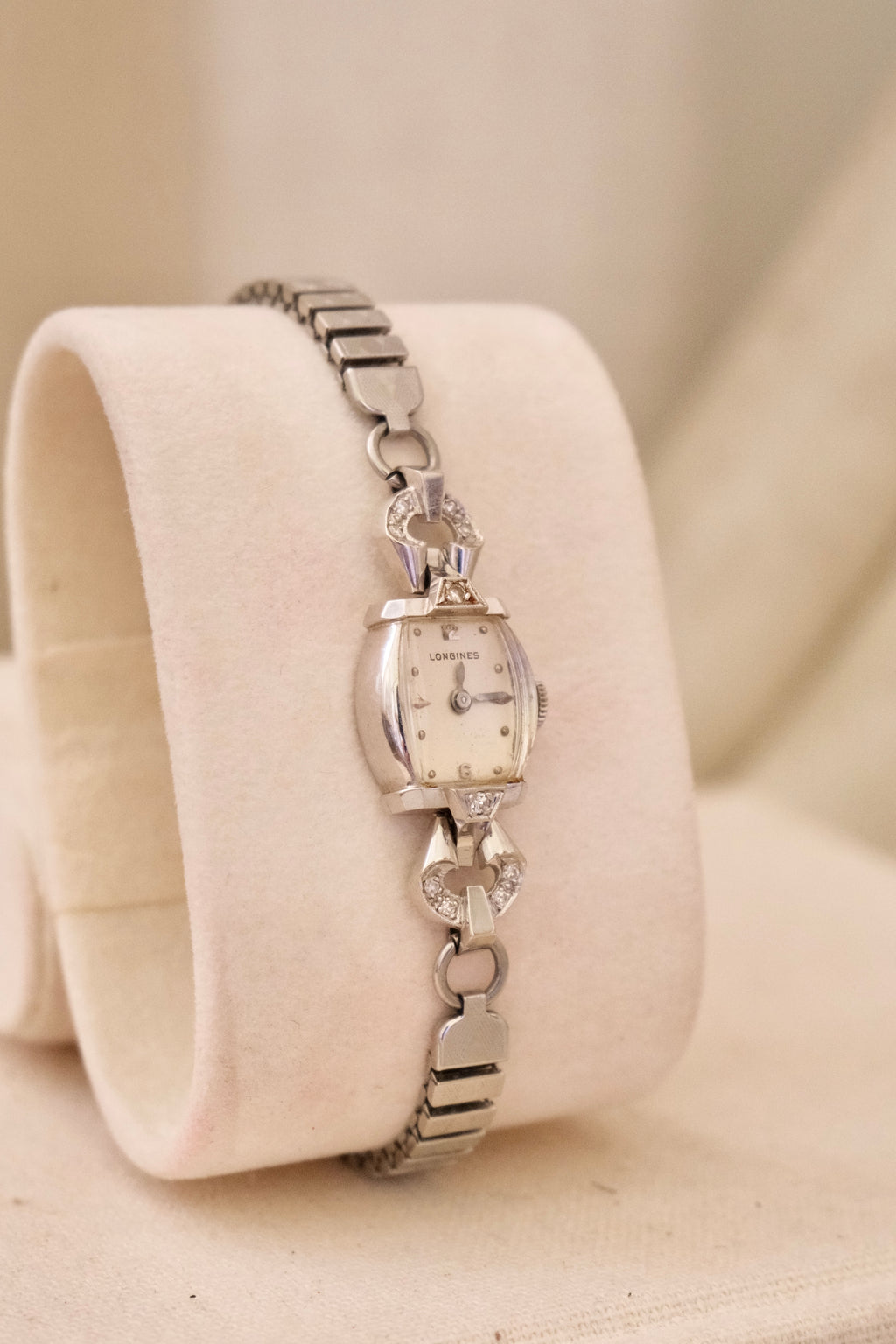 Rare Vintage Longines 14K White Gold Diamond Ladies Watch – Art Deco Style 1950s Swiss 17 Jewel Manual Wind Wristwatch