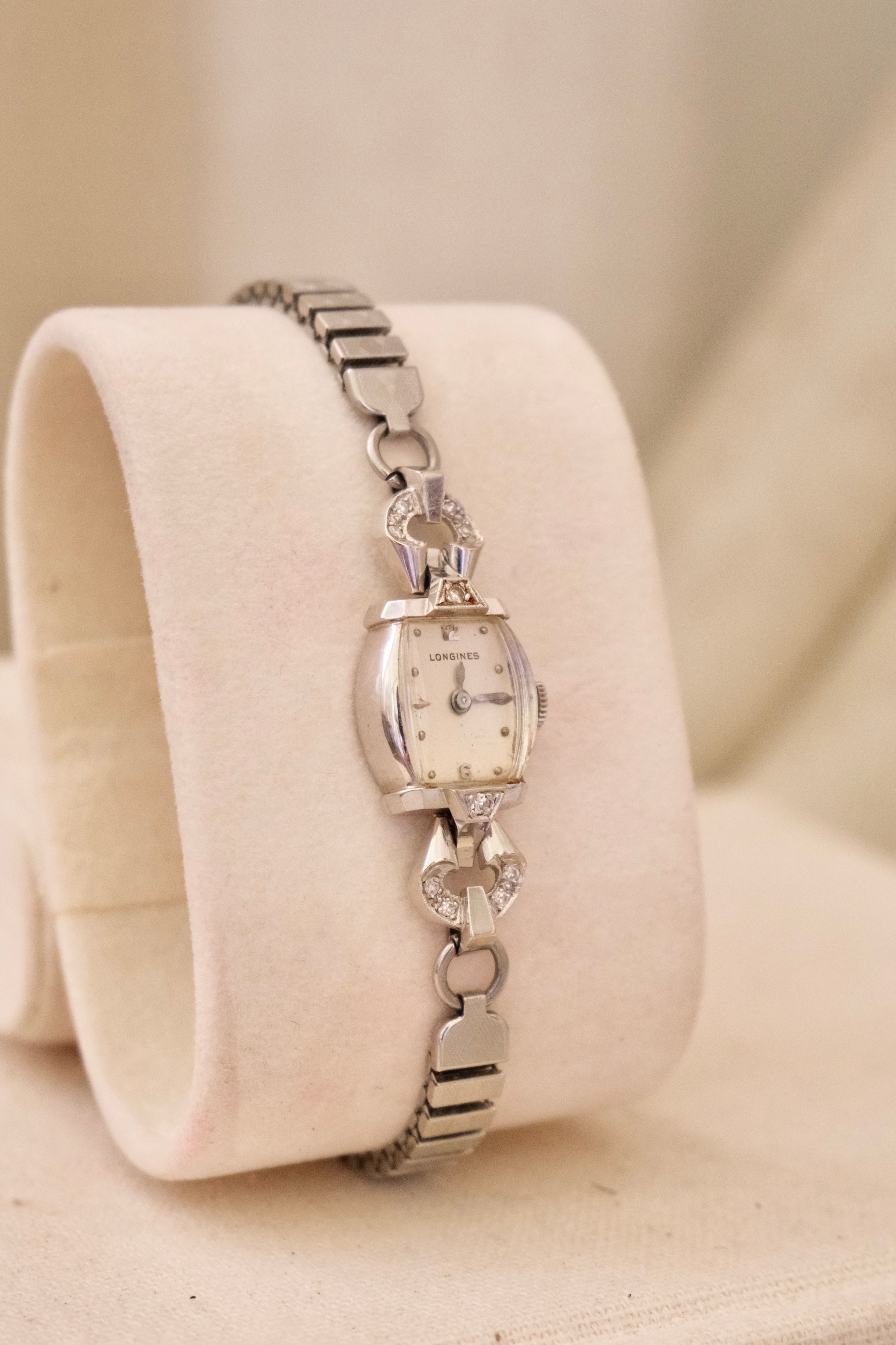 Rare Vintage Longines 14K White Gold Diamond Ladies Watch – Art Deco Style 1950s Swiss 17 Jewel Manual Wind Wristwatch