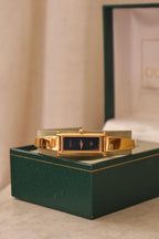 Vintage Ladies 1500L Gold Gucci Horsebit Watch with Black Dial in Box