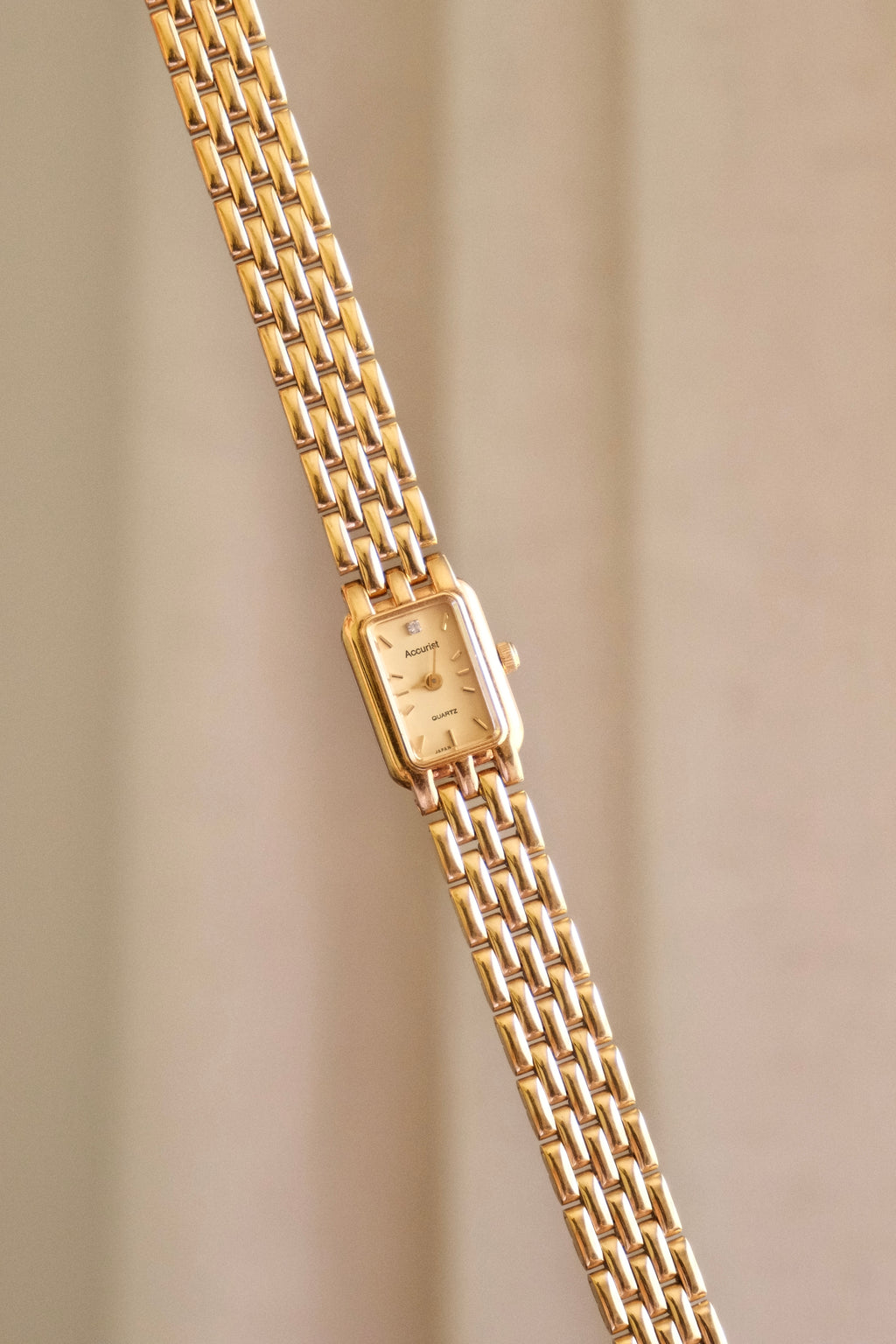 Vintage 1980s Gold  Accurist Ladies Tank Watch  Japanese Movement Diamond Accent Housed in Original Box