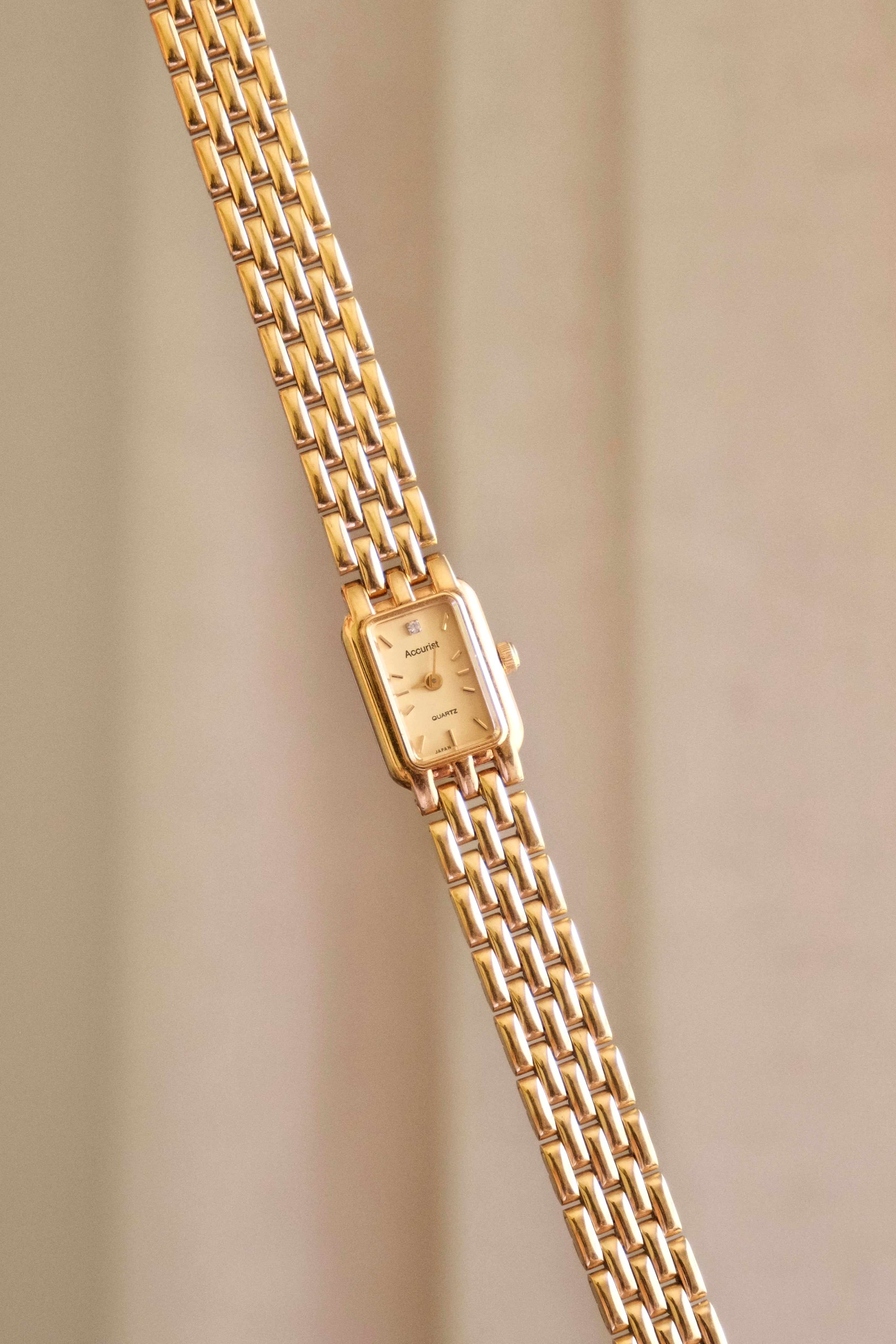 Vintage 1980s Gold  Accurist Ladies Tank Watch  Japanese Movement Diamond Accent Housed in Original Box