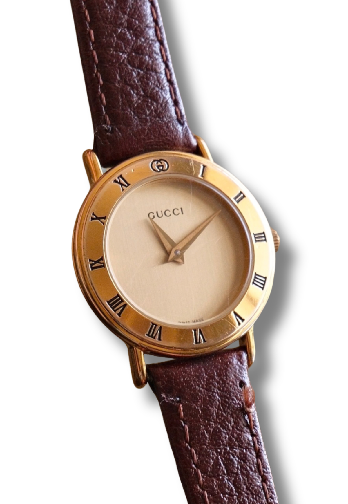 Vintage Ladies Gold Gucci 3000L Swiss Quartz Watch, Roman Numeral Bezel Leather Strap