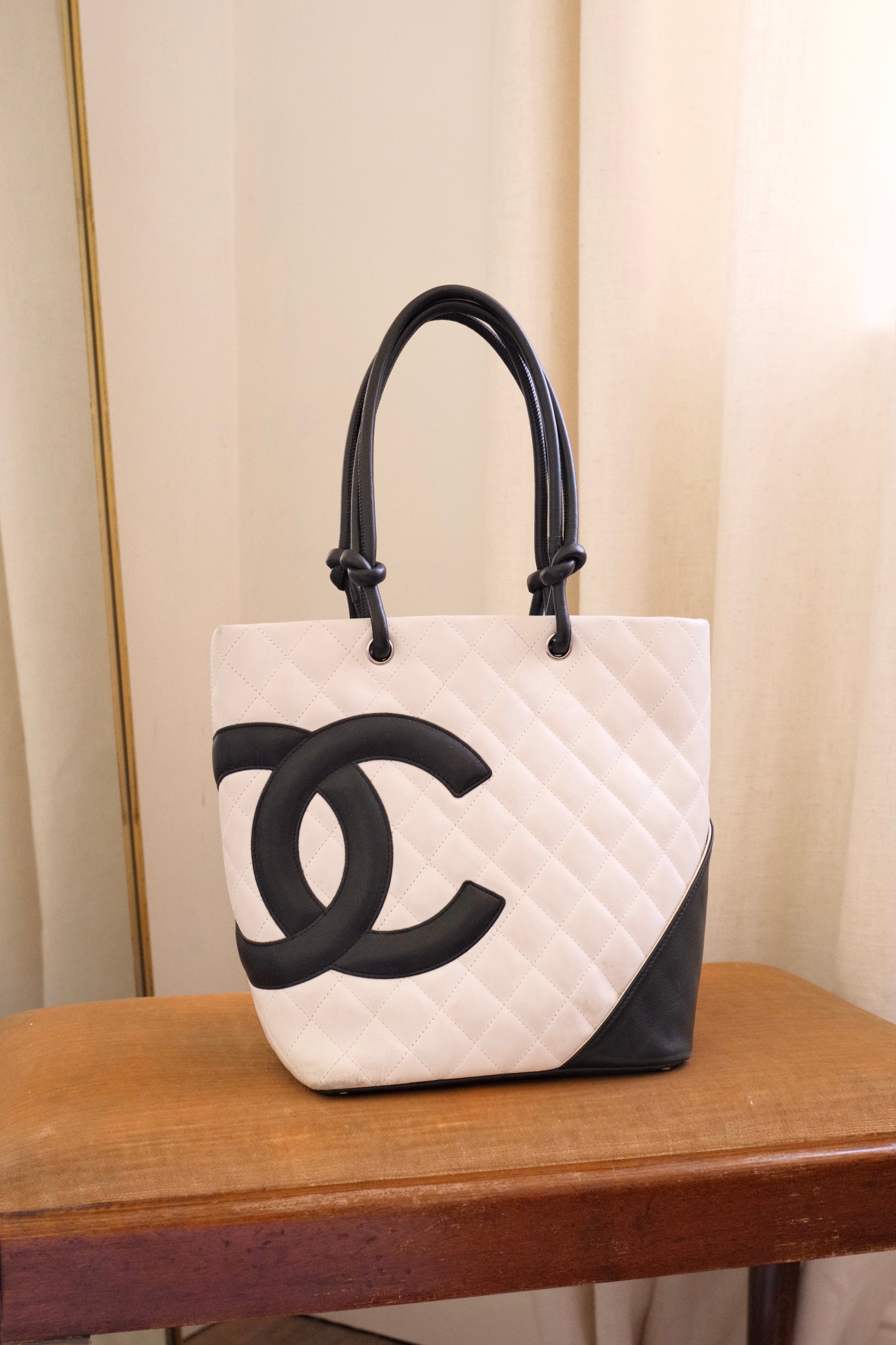 Authentic 2004 Chanel Cambon Tote Bag White Black Quilted Leather Shoulder Bag
