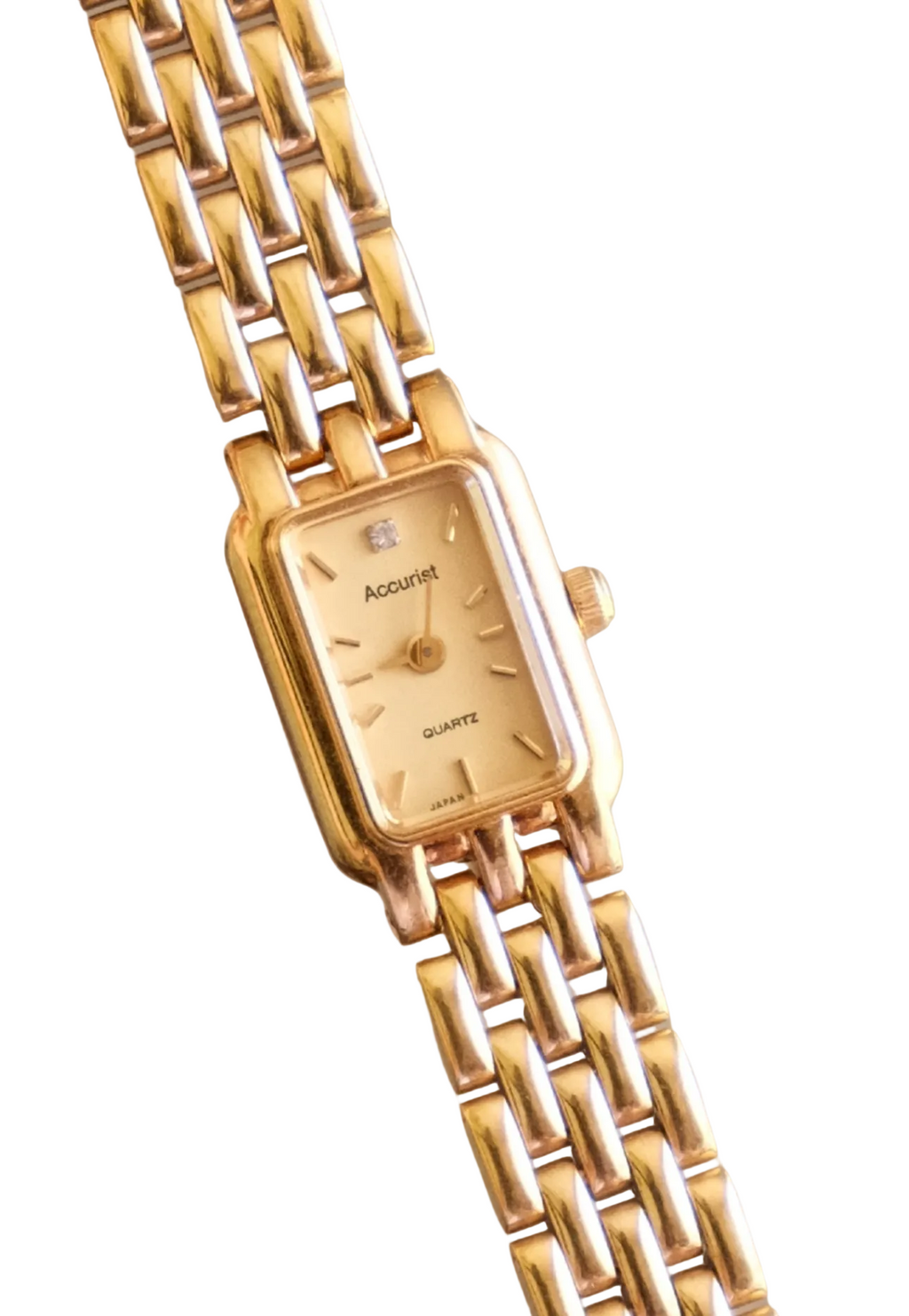 Vintage 1980s Gold  Accurist Ladies Tank Watch  Japanese Movement Diamond Accent Housed in Original Box