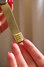 Vintage 1970s Jean Perret Genève Ladies Watch Tiger’s Eye Dial & Diamond Accent Bezel Swiss Gold Mesh Cocktail Watch