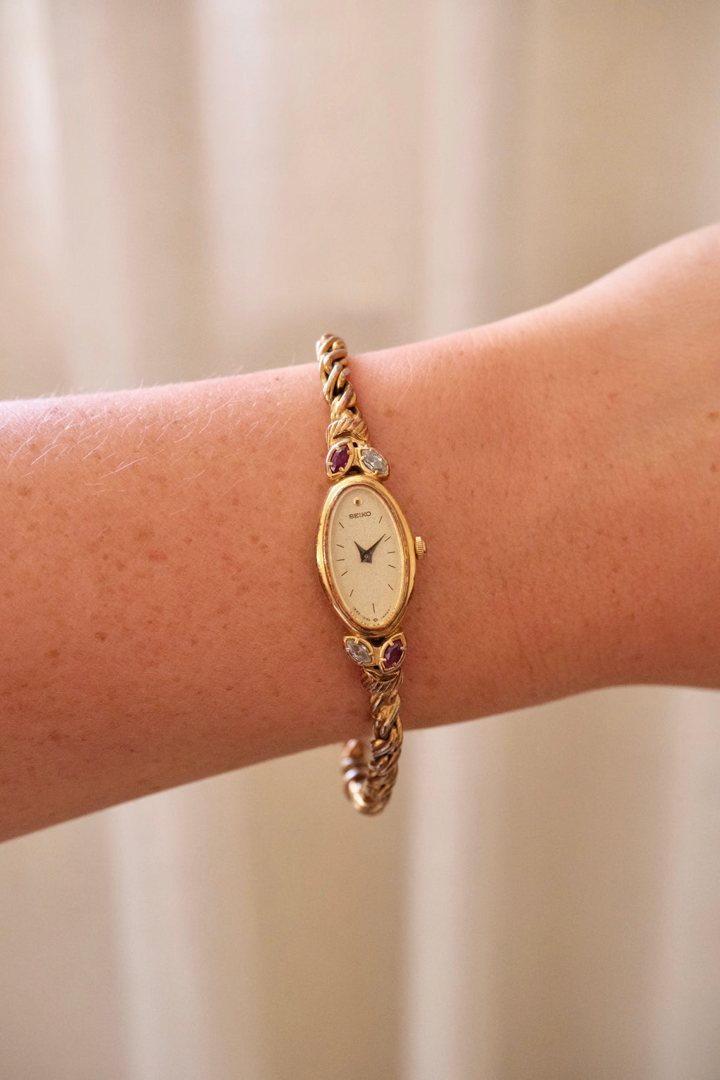 Rare Petite Oval Gold Ruby Seiko Watch with Safety Chain Collectors Watch