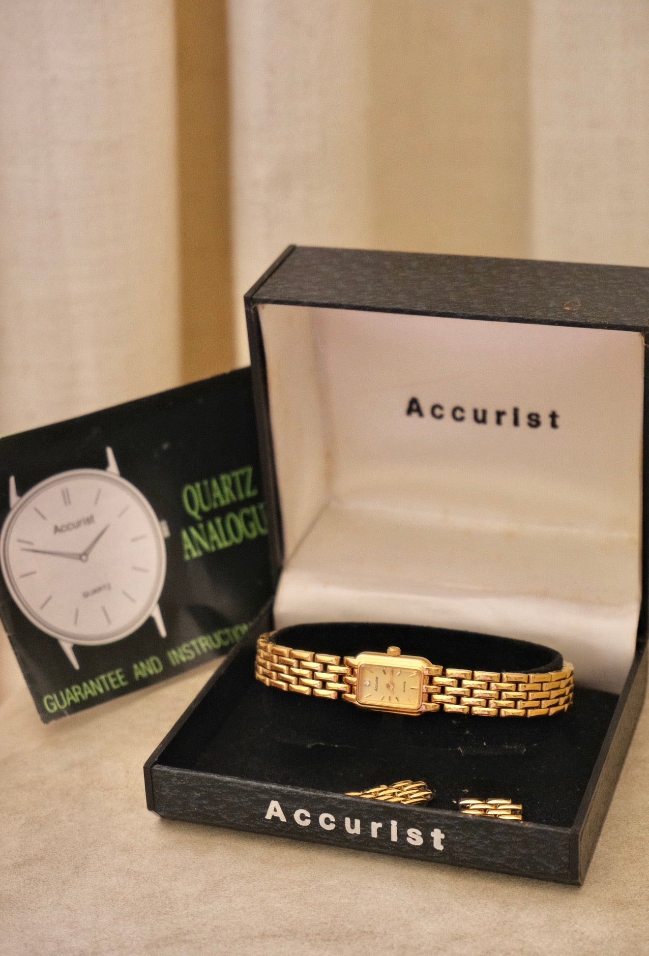 Vintage 1980s Gold  Accurist Ladies Tank Watch  Japanese Movement Diamond Accent Housed in Original Box
