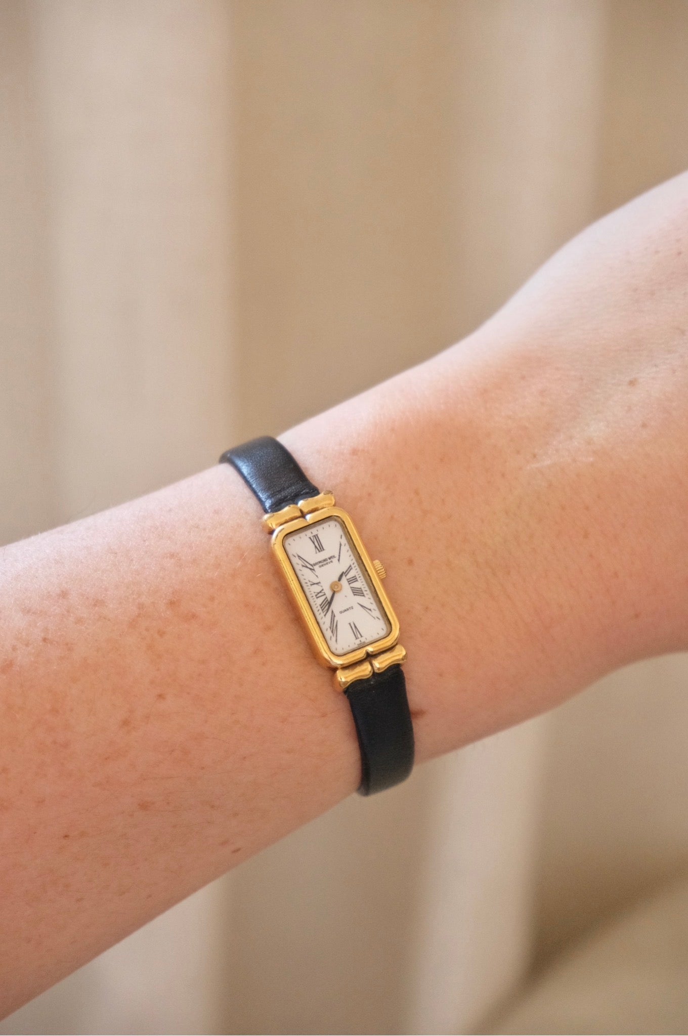 Vintage Raymond Weil Tank Watch: 18k Gold Plated, Leather Strap, Working