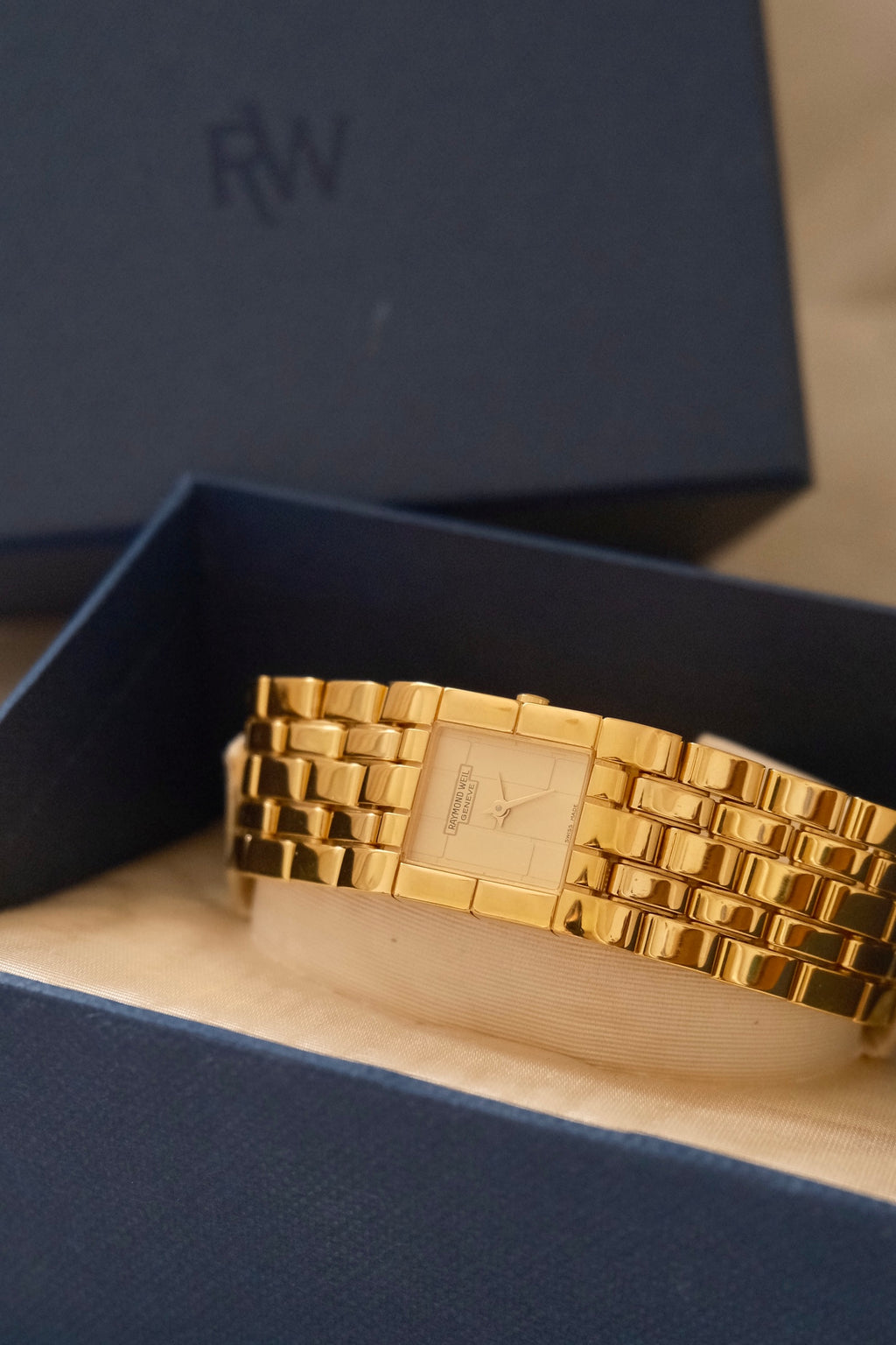 Vintage  18k Gold Plated Ladies Raymond Weil Tank Watch with Box & Papers