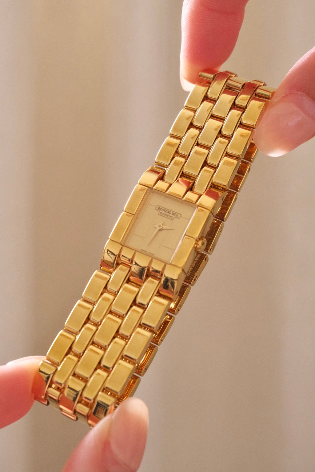 Vintage  18k Gold Plated Ladies Raymond Weil Tank Watch with Box & Papers