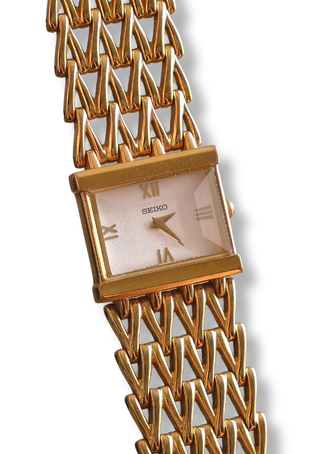 Vintage 90s Lasies SEIKO Gold Tone Tank Quartz Watch with White Dial & Raised Crystal Working