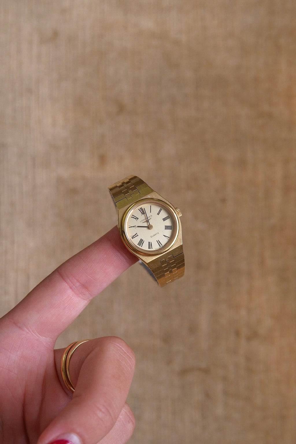 Vintage Ladies Gold Plated Longines Watch, Roman Numeral Champange Dial Box & Papers