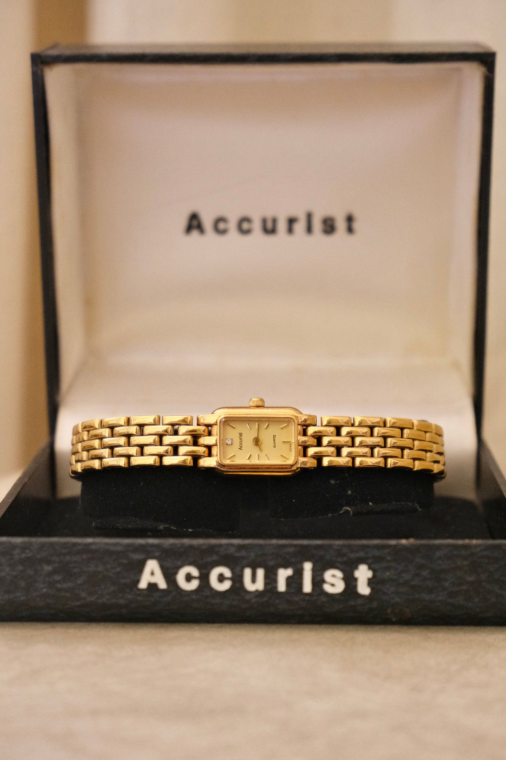 Vintage 1980s Gold  Accurist Ladies Tank Watch  Japanese Movement Diamond Accent Housed in Original Box