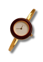 Vintage Gucci 1100L Gold Plated Ladies Interchangeable Watch with Burgendy Bezel White Dial