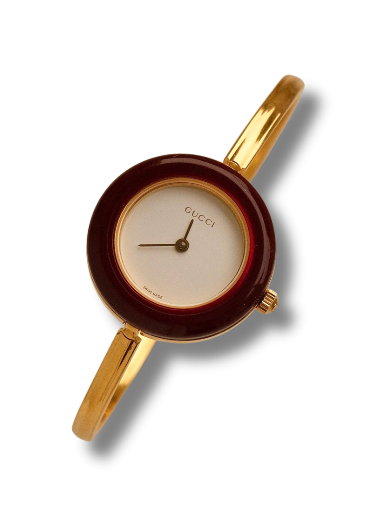 Vintage Gucci 1100L Gold Plated Ladies Interchangeable Watch with Burgendy Bezel White Dial