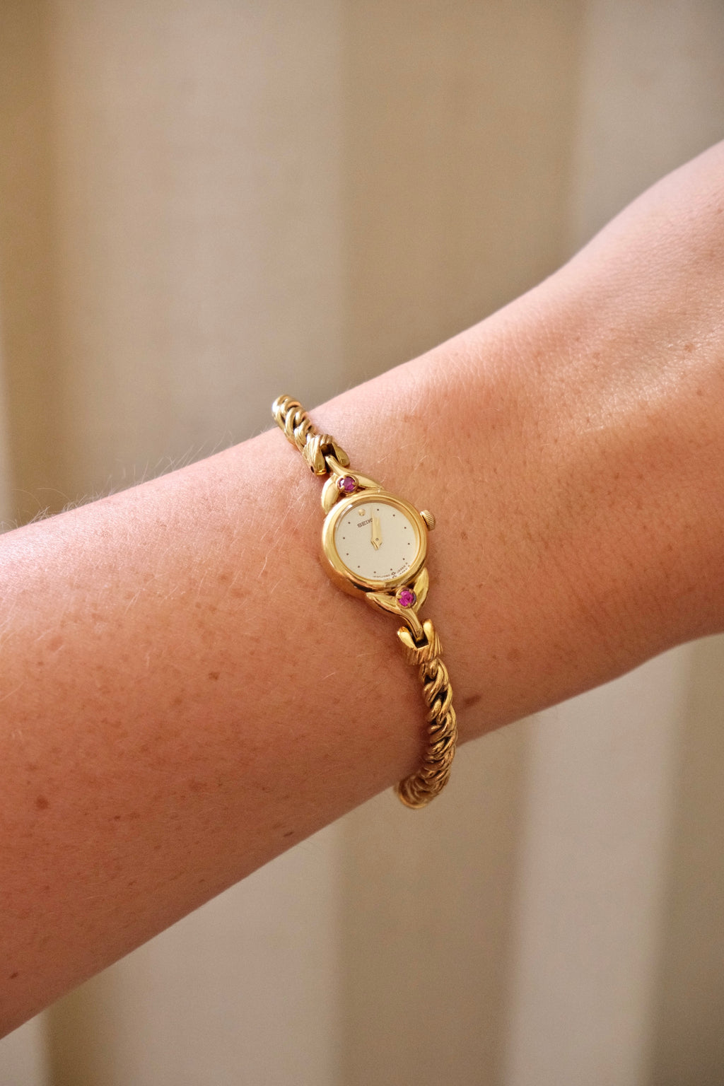 Vintage Seiko Gold Plated Quartz Watch - Rubies, Twisted Chain Bracelet