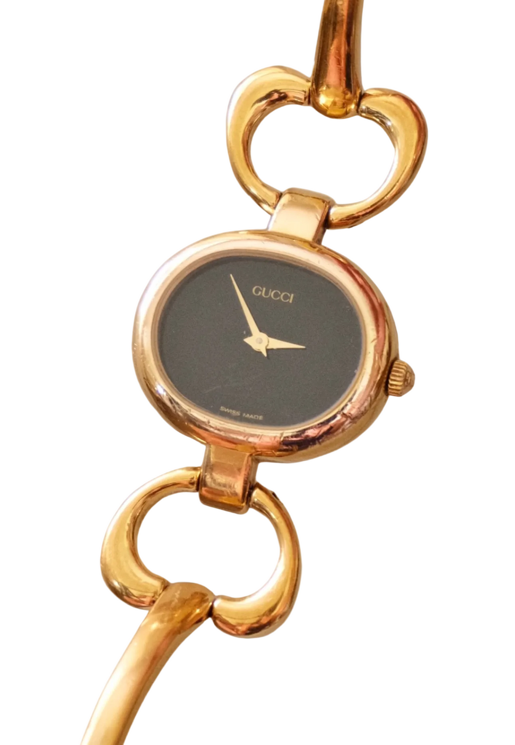 90s Vintage Ladies Gucci 1600 Horsebit Black Dial Bangle Style Watch