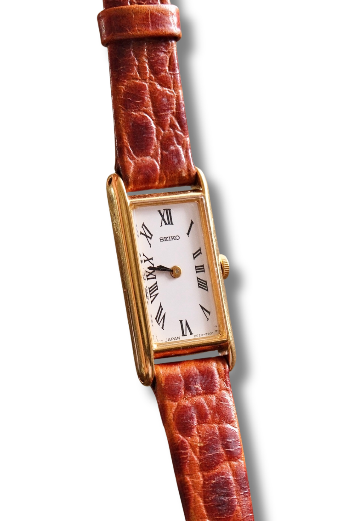 Rare 90s Slim & Petite Gold Tank Style Seiko Watch Roman Numerals on Leather Strap Working