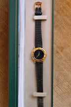 90s Ladies Gold-Plated Gucci 3000L Quartz Watch with Black Leather Strap in Box